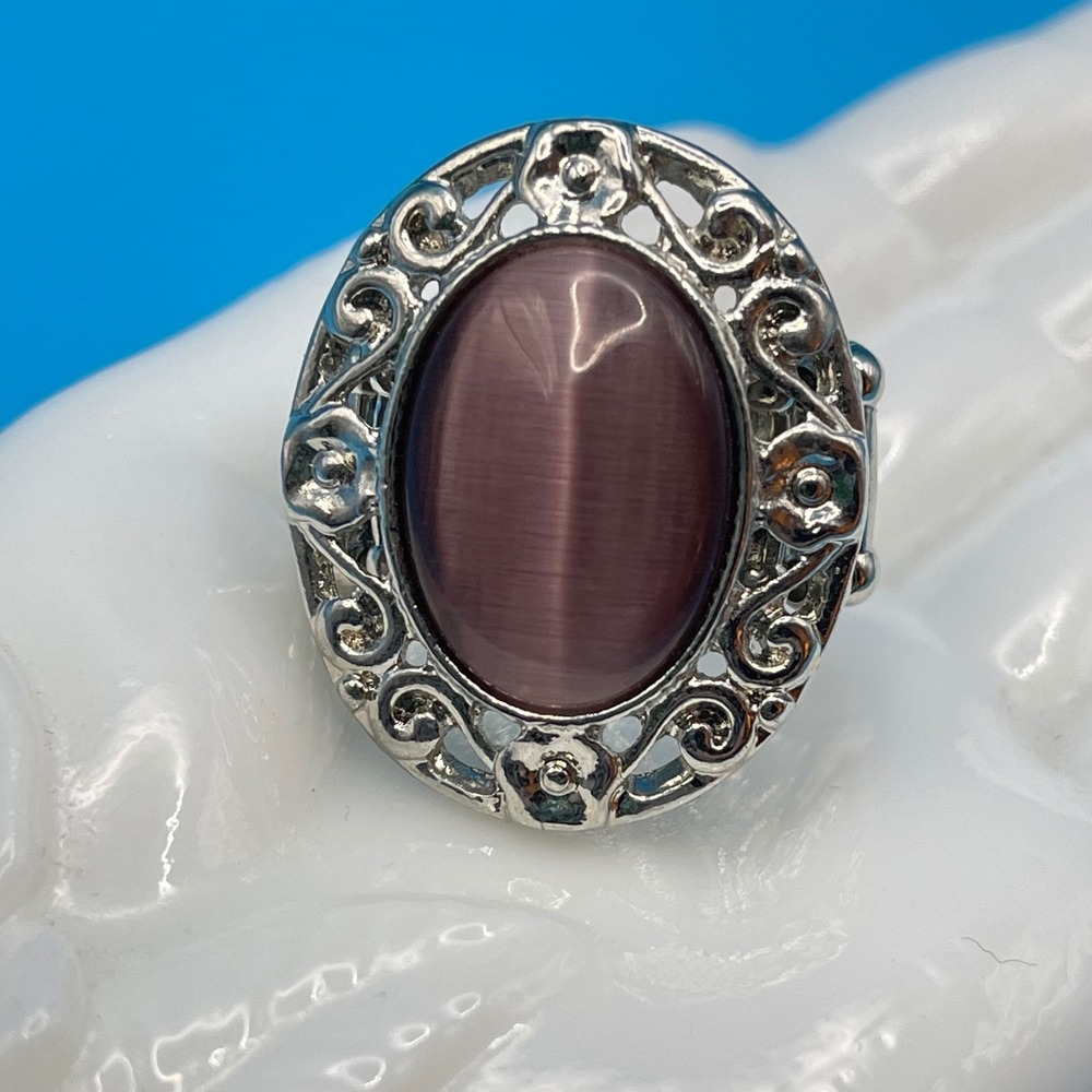 Purple Silver Filigree‎ Oval Cats Eye Ring Stretch Band Statement Boho Western